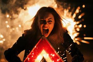 A woman with her mouth open and a fire sign in front of her photo