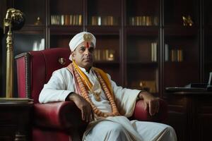 A man in a turban sitting in a chair photo