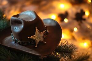 A cowboy hat sits on top of a christmas tree photo