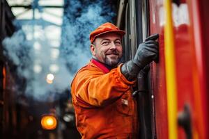 A man in an orange uniform is standing next to a train photo