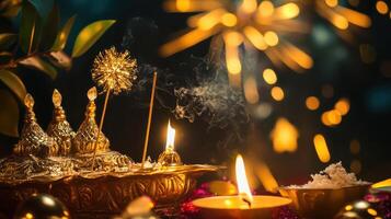 A candle lit on a gold altar with a gold candle photo