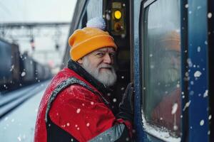 An old man with a beard and hat on a train photo