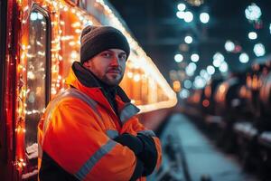 A man in an orange jacket and hat stands in front of a train photo