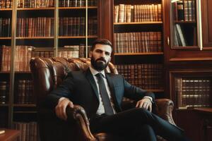 A man in a suit sitting in a chair in front of a bookcase photo