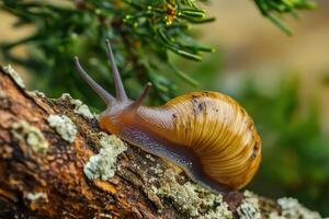 A snail crawling on a tree branch photo