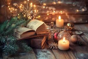 Christmas book, candle and christmas decorations on wooden table photo