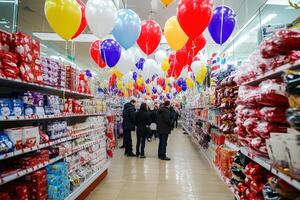 A store aisle with balloons hanging from the ceiling photo