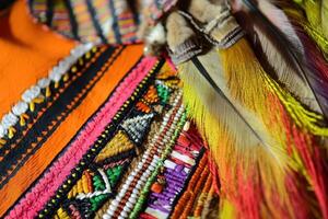 A close up of colorful feathers and fabric photo
