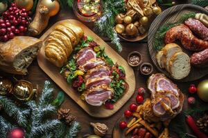 Christmas dinner with ham, bread, vegetables and other food photo