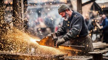 A man is grinding metal with a hammer photo