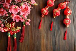 Chinese new year decorations on a wooden table photo