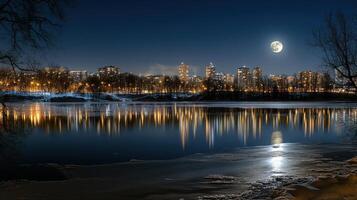 A city skyline at night with a full moon photo
