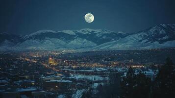 A full moon is seen over a city at night photo