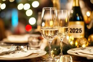Two champagne flutes are on a table with plates and napkins photo