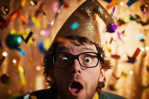 A man wearing glasses and a party hat photo