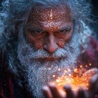 An old man with a long beard and white hair is holding a glowing light photo