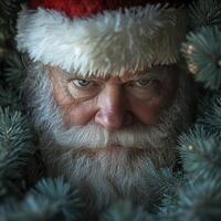 A santa claus face peeking out from behind a tree photo
