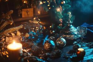 A table with candles and ornaments on it photo