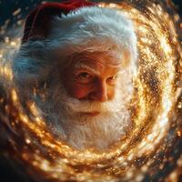 A close up of santa claus with a glowing light around him photo
