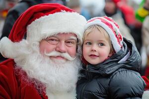 A man and a child dressed in santa costumes photo
