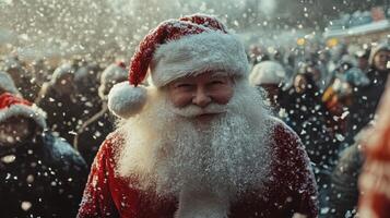 A santa claus is standing in the snow photo