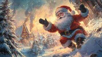 Santa claus flying through the snow in a painting photo