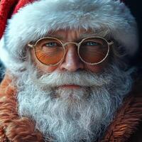 A close up of a man wearing glasses and a santa hat photo