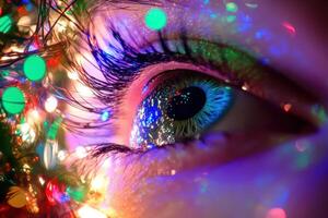 A close up of a woman's eye with colorful lights photo