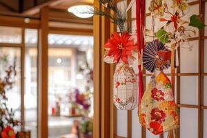 A room with many colorful paper fans hanging from the ceiling photo