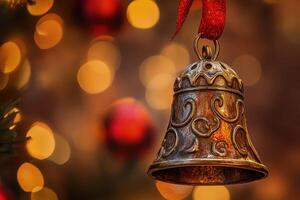 A bell hanging from a christmas tree photo