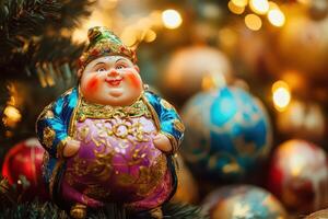 A christmas figurine is sitting on top of a christmas tree photo