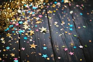 Golden stars and confetti on a wooden table photo