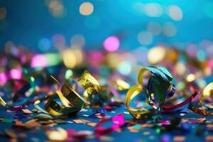 Colorful streamers and confetti on a blue background photo