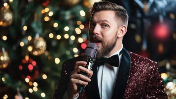 A man in a tuxedo singing into a microphone photo
