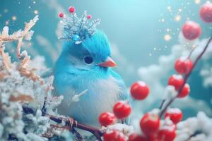 A blue bird with a crown on its head is sitting on a branch with berries photo