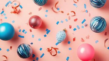 Colorful balloons and confetti on a pink background photo