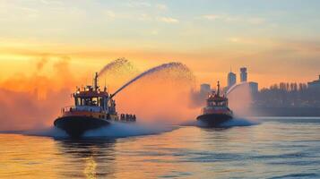 Two tugboats spraying water on the water photo