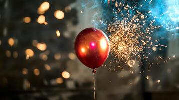 A red balloon with sparklers is being blown up photo