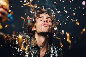 A man blowing confetti in the air photo