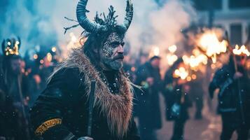A man with horns and horns is walking through the crowd photo