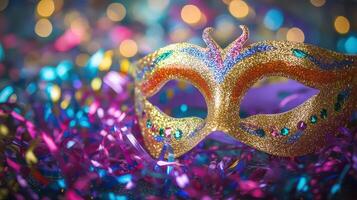 A gold and purple carnival mask on a colorful background photo