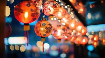 Chinese lanterns hanging from a window photo