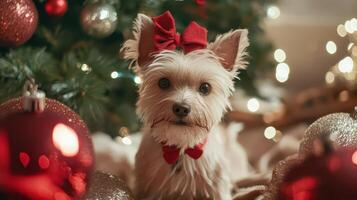 A small white dog with a bow sitting in front of christmas decorations photo