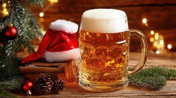 A beer mug with a christmas hat on top of a wooden table photo