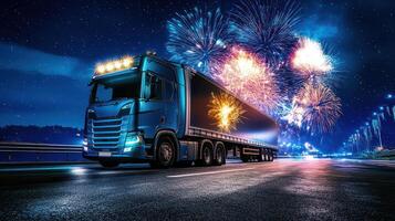 A truck driving down the road with fireworks in the background photo