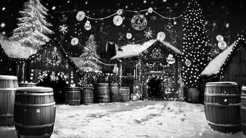 A black and white photo of a snowy village