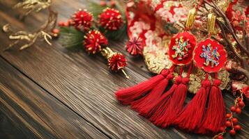 Chinese new year decorations on wooden table photo