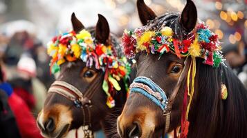 Two horses with colorful headdresses photo