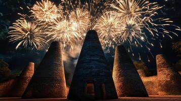 A large brick building with a large firework in the sky photo