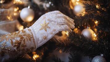A person wearing a white glove on a christmas tree photo